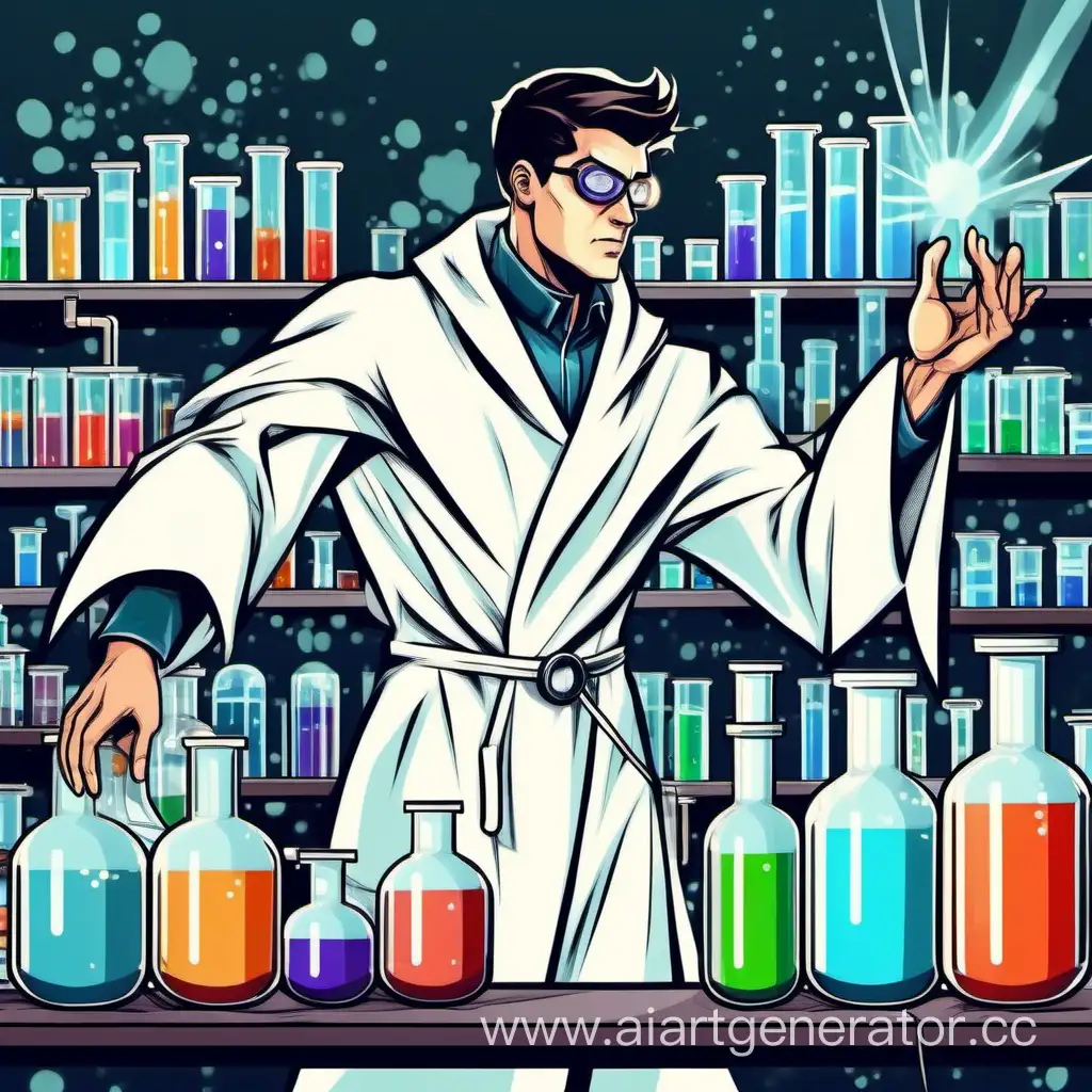 Russian-Young-Scientist-in-Heroic-Pose-amidst-Laboratory-Glassware