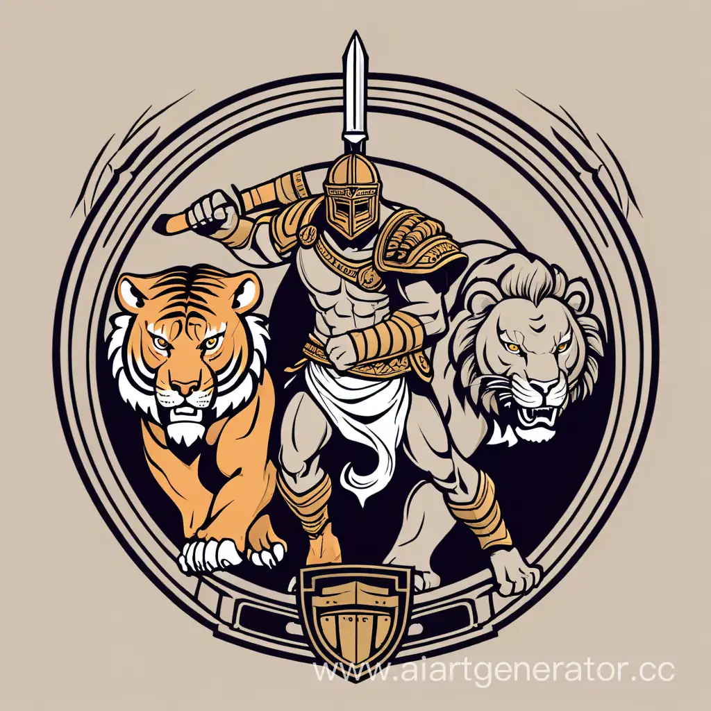 Design a t-shirt with a gladiator-inspired theme, portraying the tiger and lion as fierce competitors in a modern-day arena.
