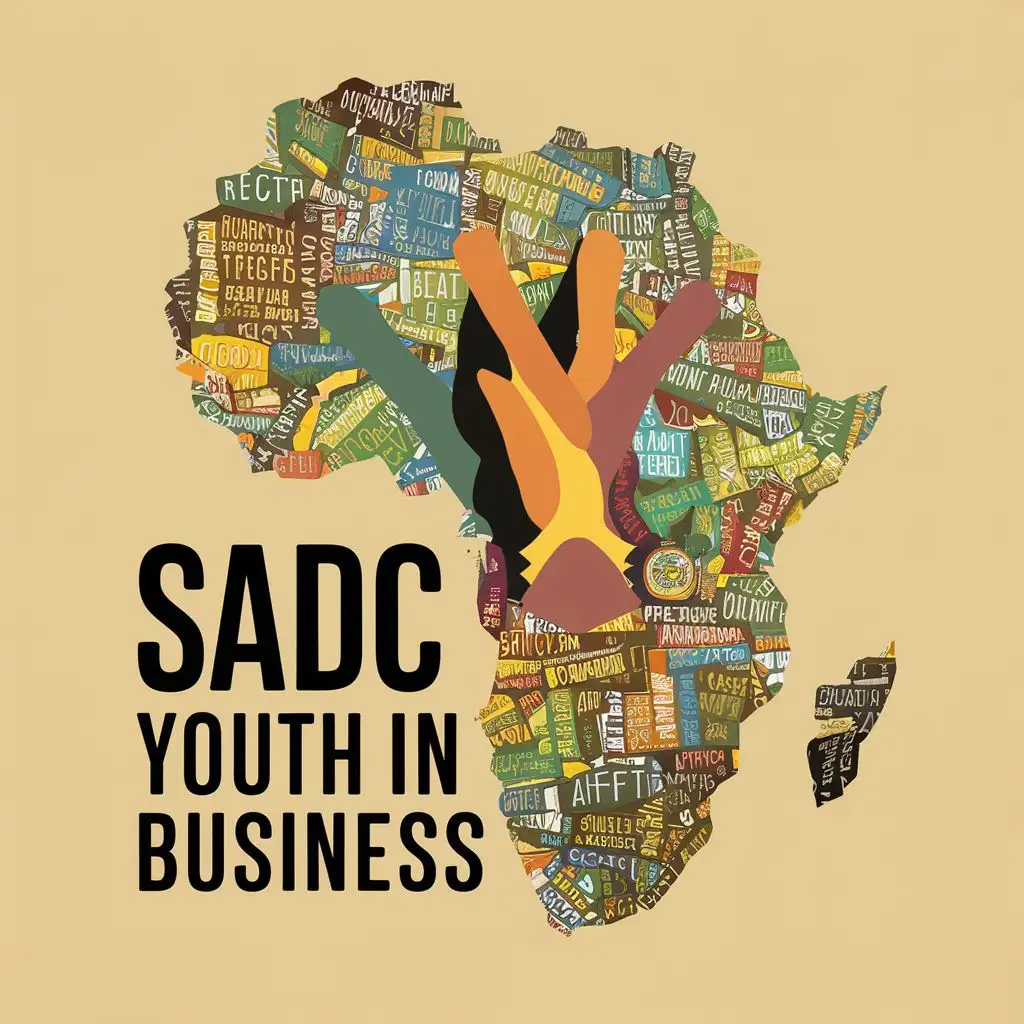 logo, Africa map , trade , freight , unity , holding hands, AfCFTA, UN , UNECA , World economic forum , youth, with the text "SADC Youth In Business", typography, be used in Nonprofit industry