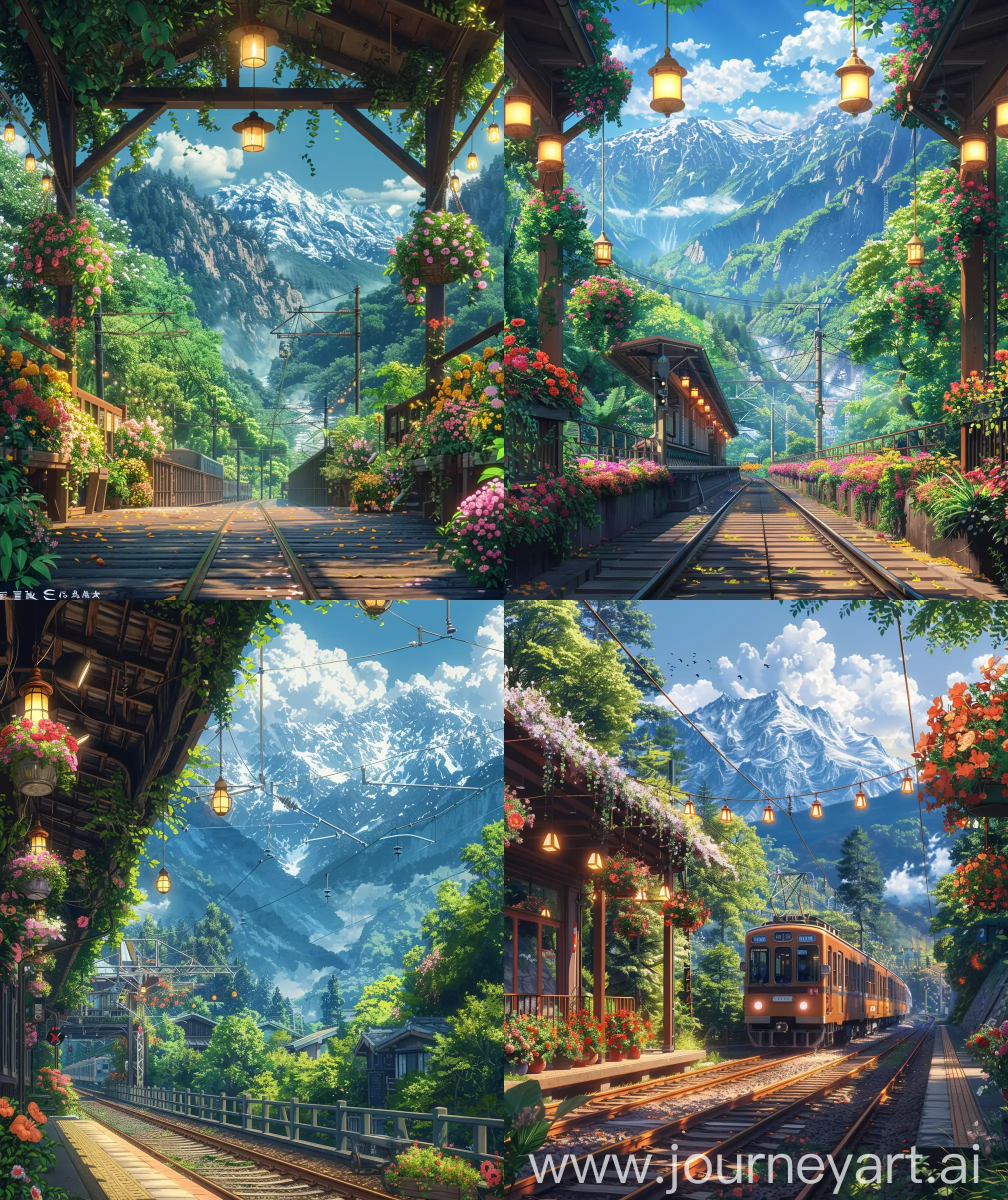 Anime scenary, illustration, day time, train, mountain view, flowers, beautiful view, spring time, railway station beautifully decorated with flowers, hanging lights, ultra HD, high quality, no blurry image, no hyperrealistic --ar 27:32 --s 400
