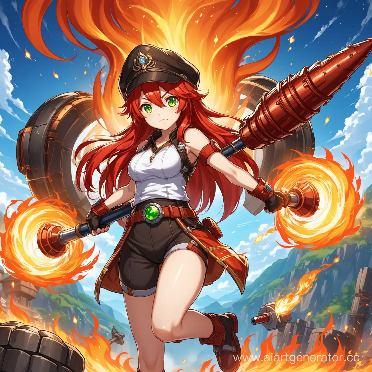 Anime character, character from the game Genshin Impact, character from the game Honkai: Star Rail, short girl, fiery red hair, bright green eyes, hat with earflaps, girl from Russia, lolicon, girl with a huge mechanical hammer, jet-powered hammer, fire technique, fire magic, fighting ring, the girl is a boxer of low stature, aggressive character, uses fire and a two-handed jet hammer and jet engines in battle, technomagy, fantasy technomagy