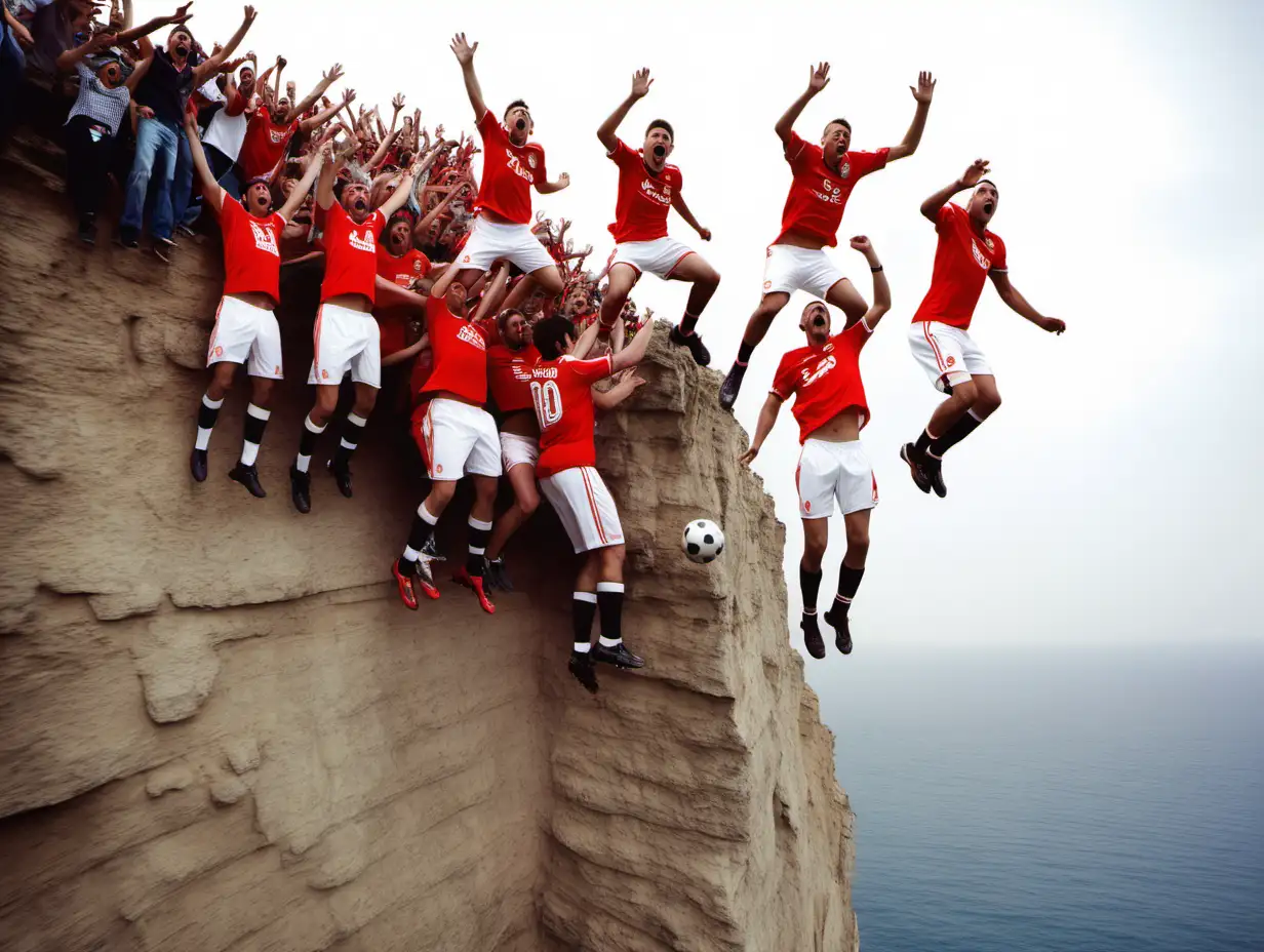 football fans jumping off a cliff