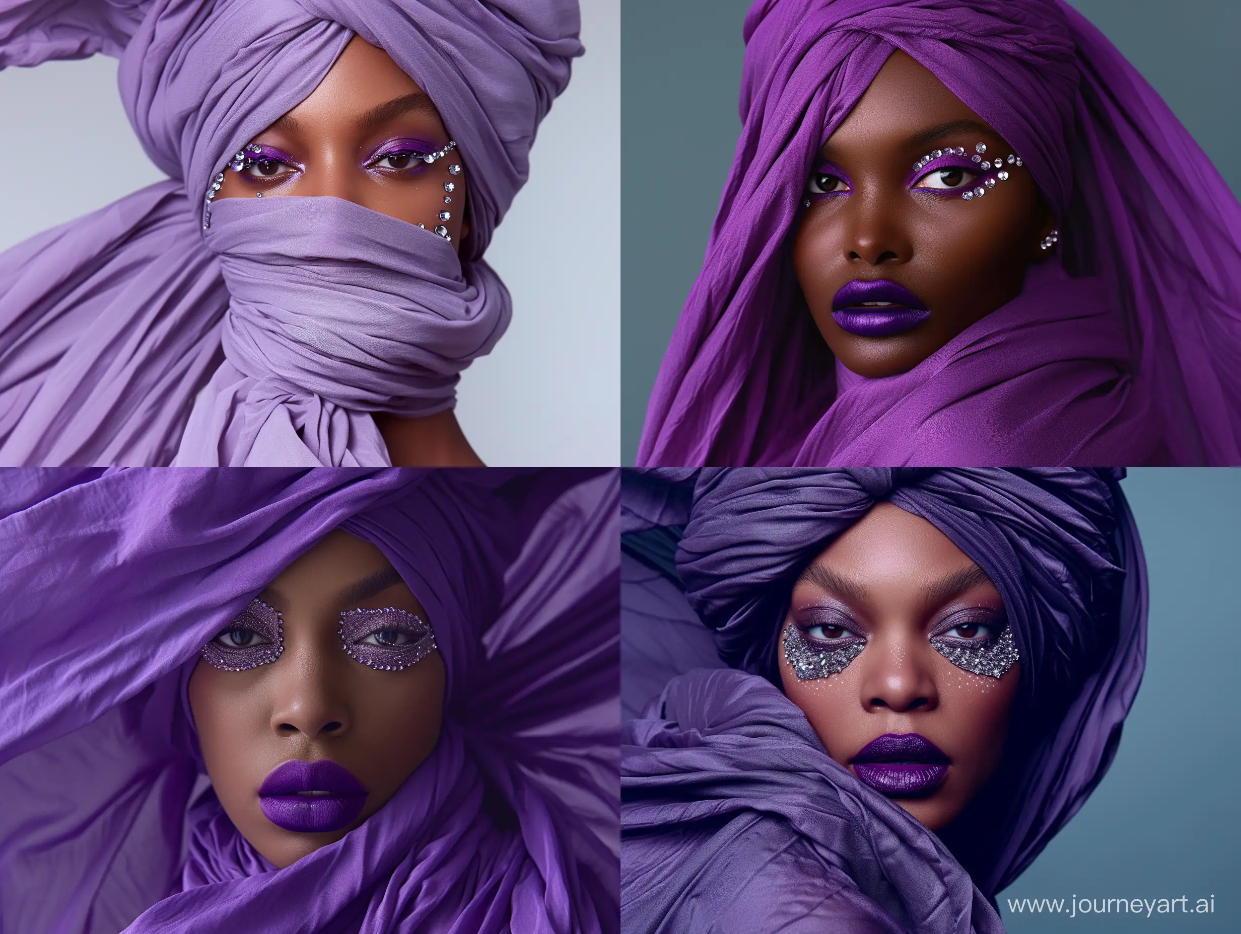 Portrait of a black female model, a scene from Beyonce's "Spirit" video clip, Rapped in violet color loose cloth, around her eyes crystals applied on the eye corners, full lips, with purple lipstick. photo in IMAX film style, Nikon 70mm shot.