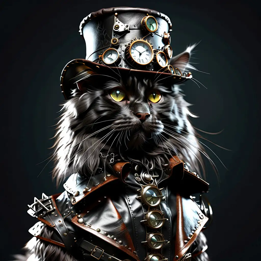 Steampunk Black Maine Coon Cat in Leather Outfit and Hat