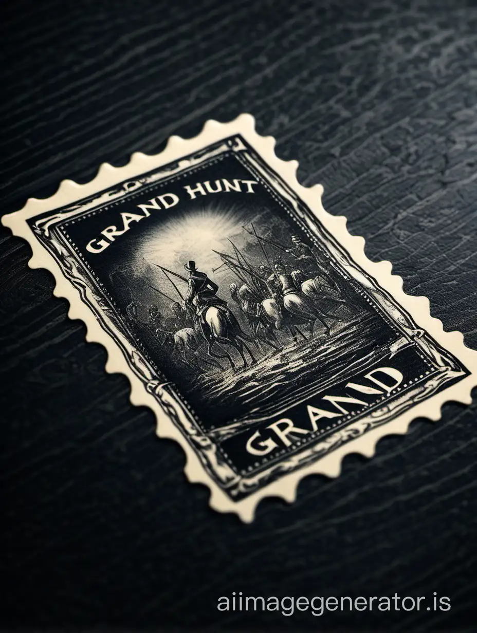 White stamp old-fashioned on the black desk "The Grand Hunt"