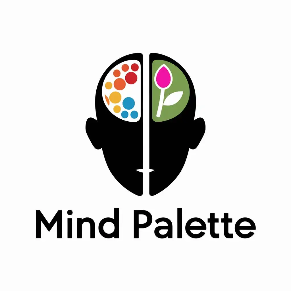 logo, The head of a faceless human being split in half and instead of a brain, there is a color palette and a bud in it., with the text "Mind Palette", typography, be used in Education industry