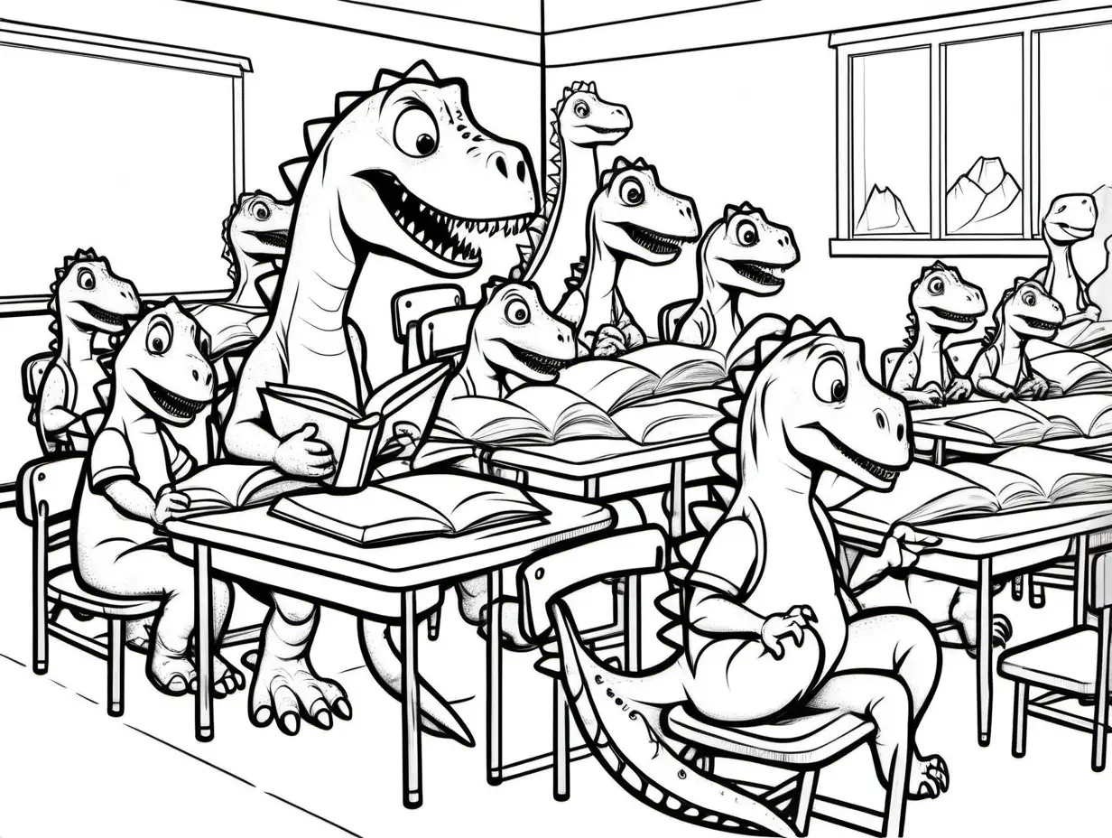 A cute and focus dinosaur, writing on a school book, sitting nicely on a char, table in a school classroom, several other similar dinos looking at the teacher, kids coloring page, no shading, no color