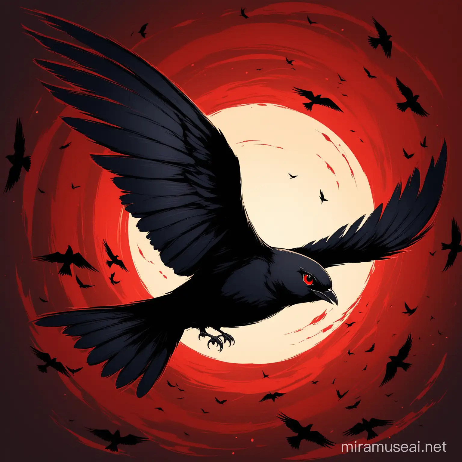 Logo: a fantasy black swallow flying up (bird) with red eyes with power of darkness
