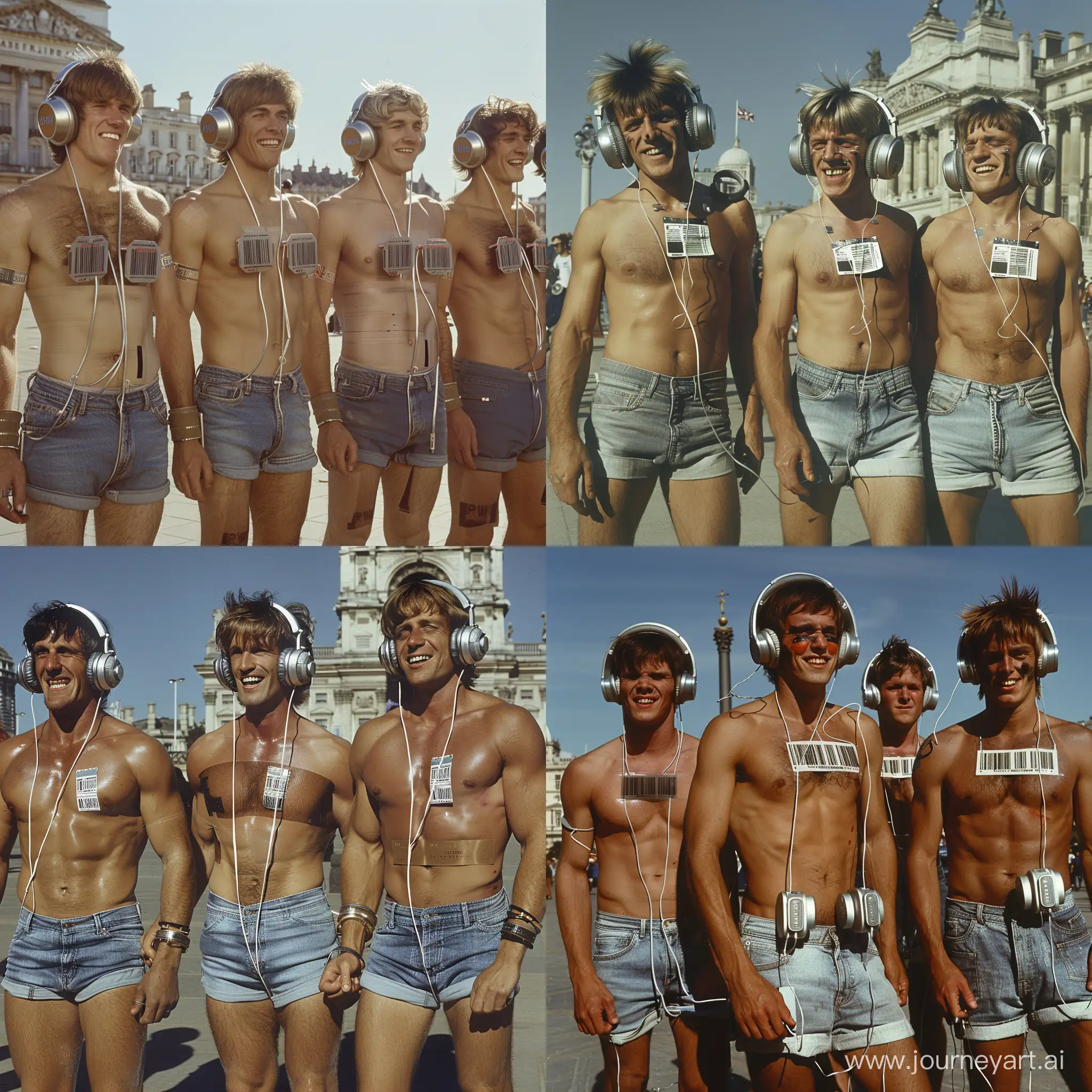 Handsome muscular middle-aged men  each wear silver headphones and fitted denim cutoff shorts, dazed smiles, small barcode attached to each man's chest, punk hairstyles, 1970s Trafalgar Square setting, facing the viewer, mass indoctrination, color image, hyperrealistic, cinematic
