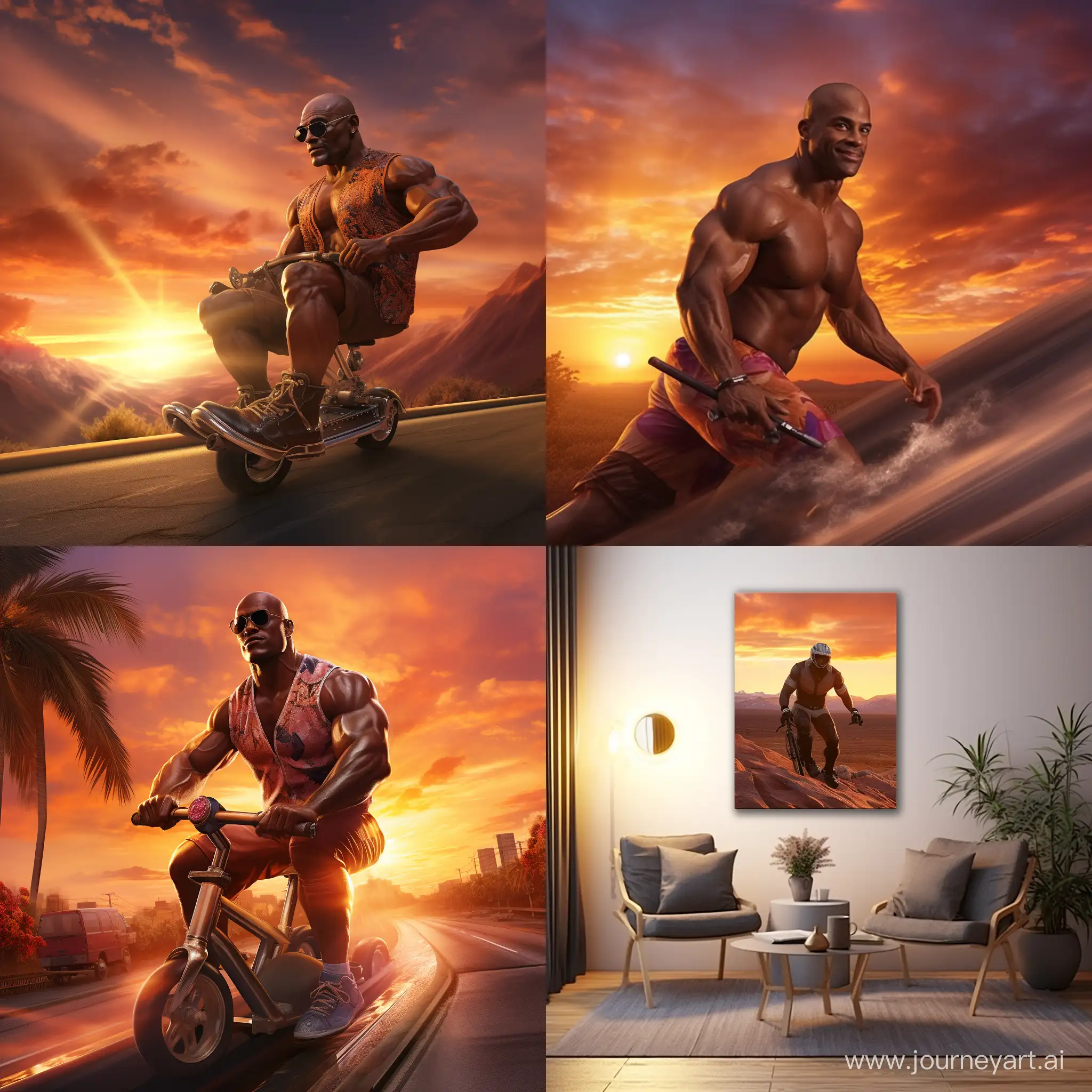 photorealistic image of the bodybuilder ronnie coleman riding a skateboard in front of a sunset