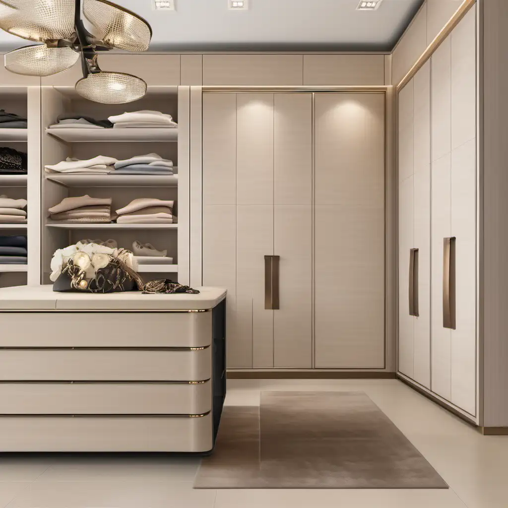 Luxury dressing room with island in the middle, beige floor to ceiling closed wardrobes with bronze accents. 