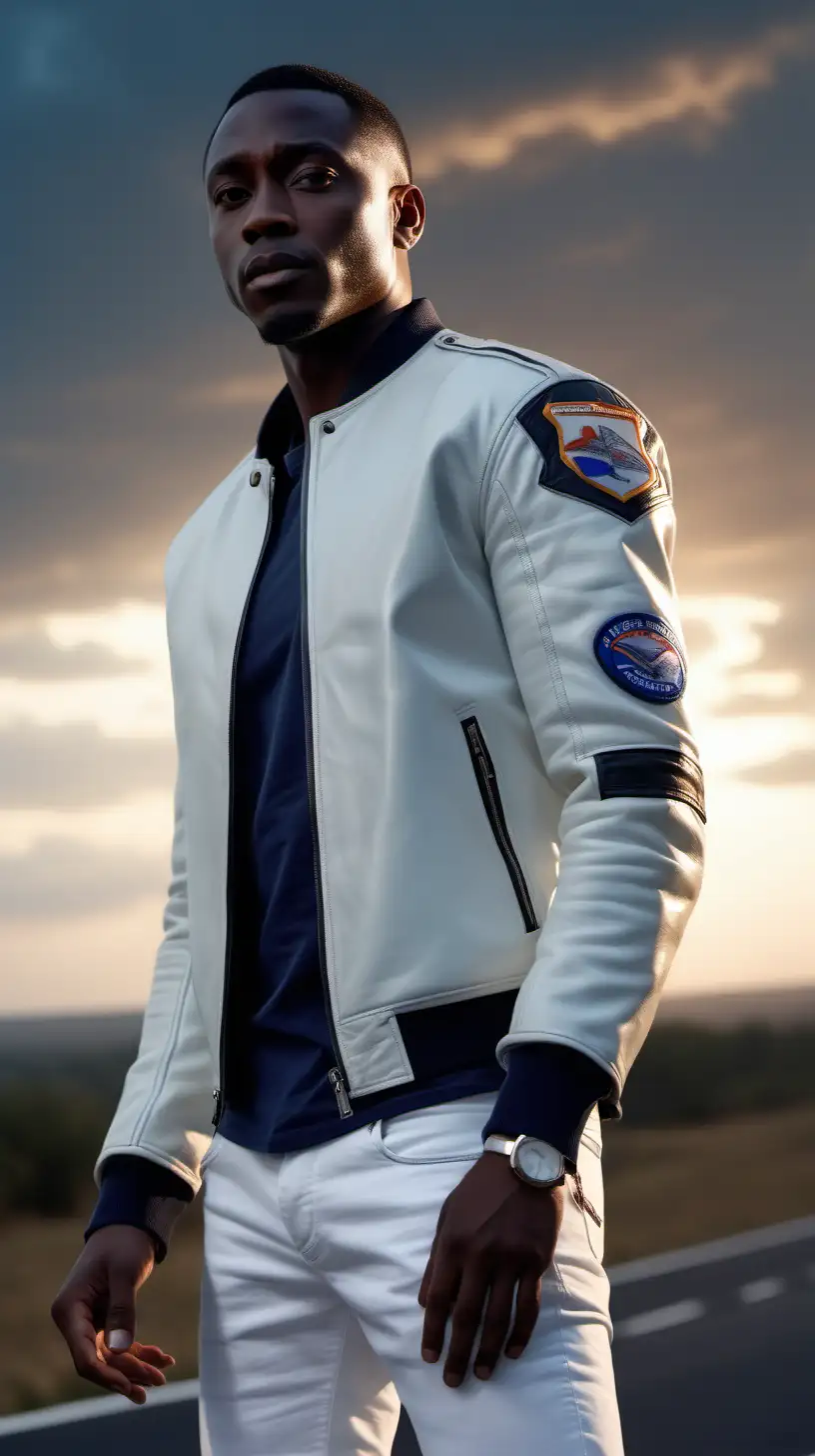 Handsome Black man, wearing White leather, Racing jacket with patches, wearing Navy Blue tee shirt, Break of Dawn sky in the distance Ultra 4k, high definition, 1080p resolution, lighting is volumetric