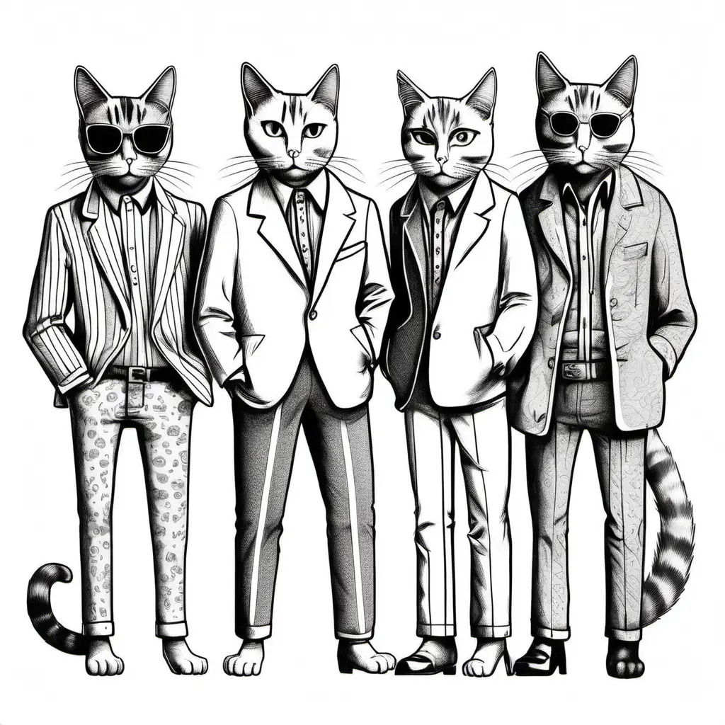 4 cat with human bodies in clothes, standing next to each other, drawn in style of 70s, black and white line drawing, white background