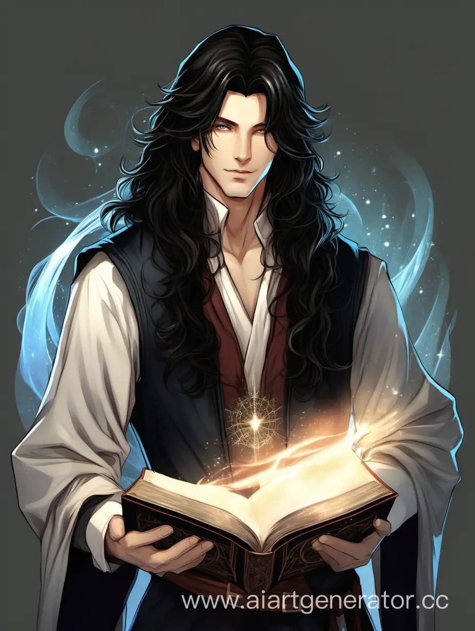 молодой красивый маг с книгой с длинными черными волнистыми волосами
