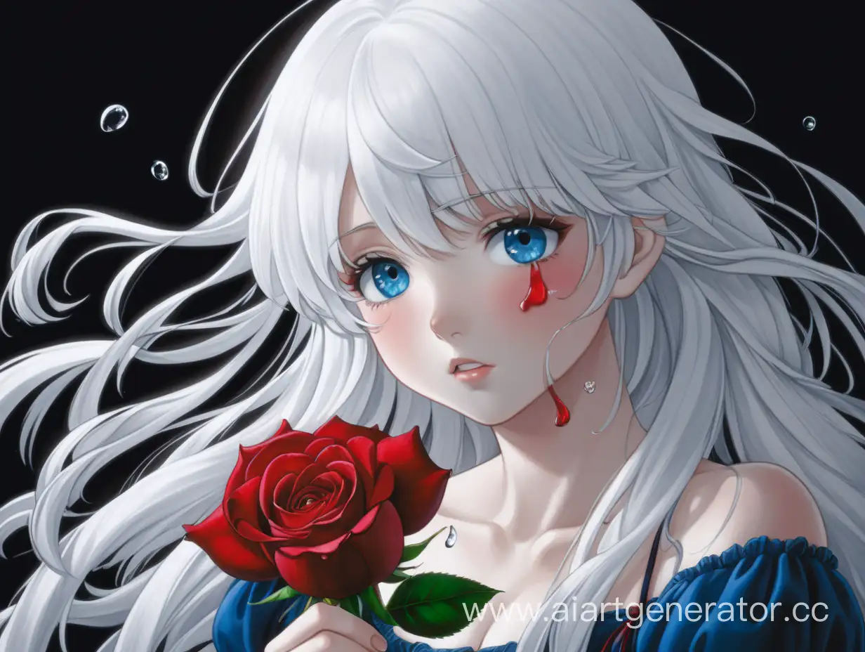 Аниме картинка девушка с белыми как снег волосами и голубыми глазами, по щекам течет слеза, а в руке красная роза. Черный фон
