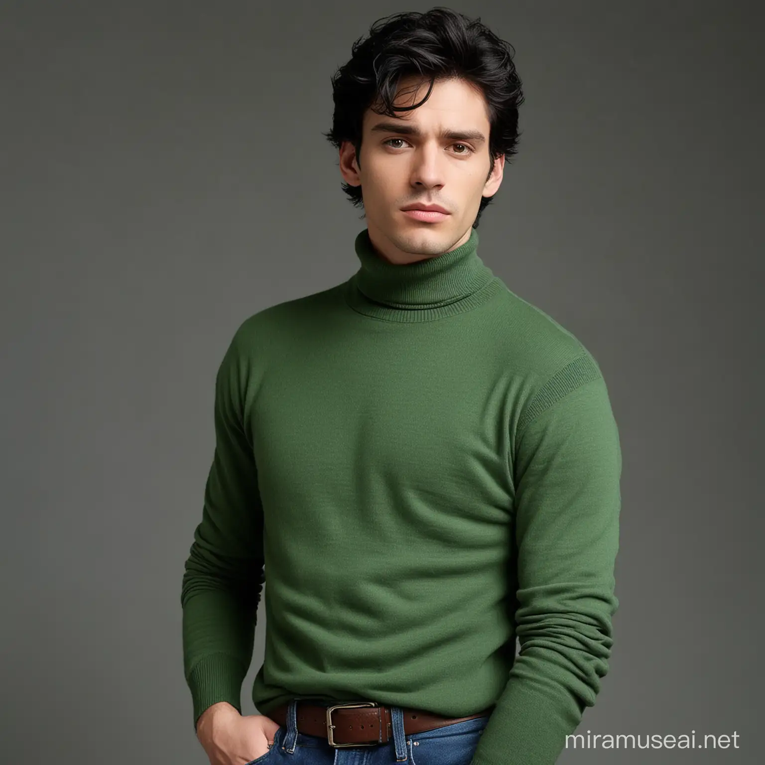 Sleepy Man in Green Turtleneck Sweater and Jeans