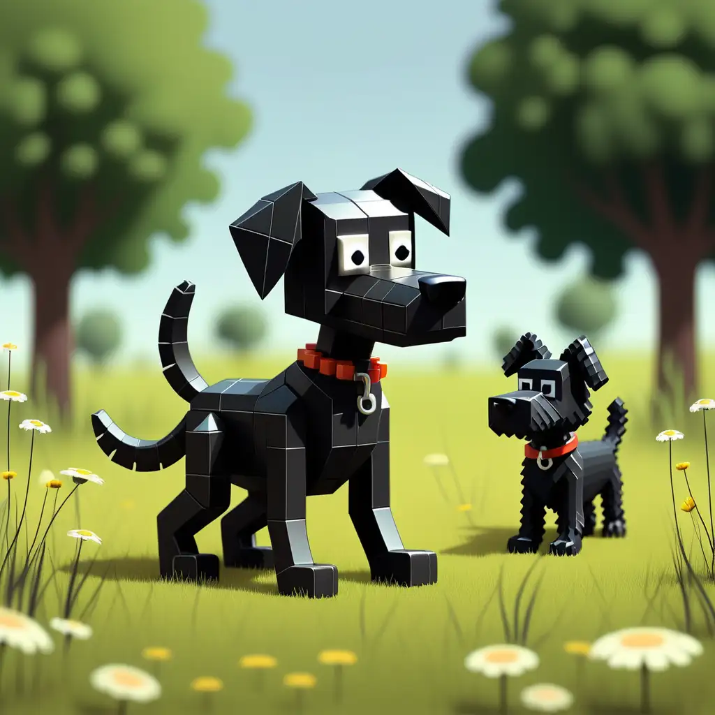 Pixel Man and Black Dog Strolling Through Meadow