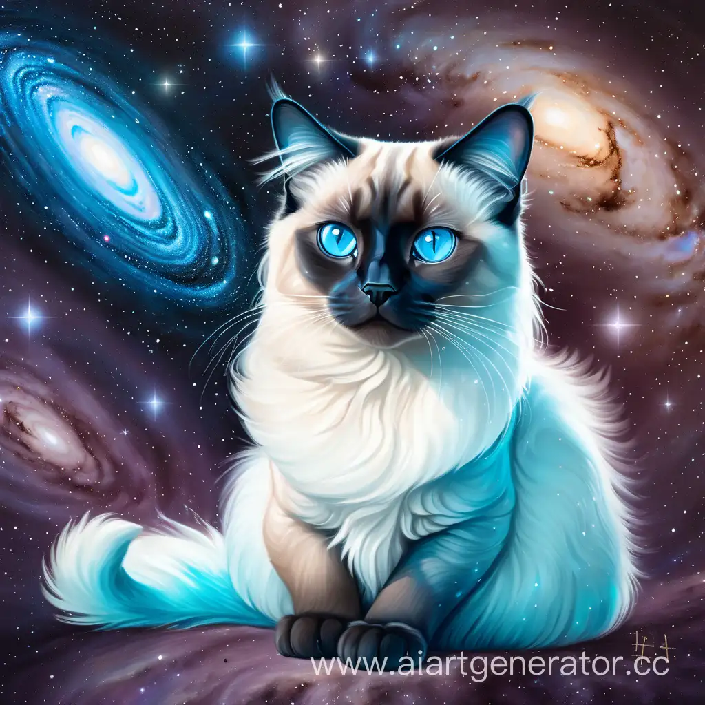 Нарисуй пушистую сиамскую кошку, с белыми лапами и голубыми глазами, в которых отражается галактика
