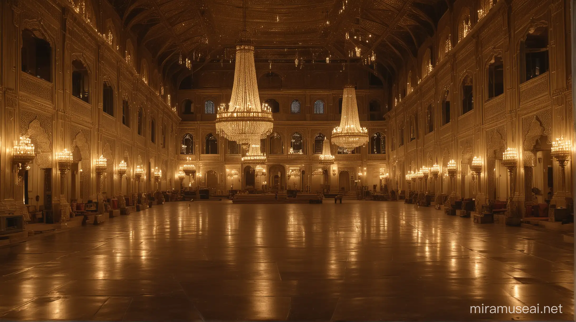 wide angle, night, huge room of Indian palace with lots of windows, only candles and earthern lamps, lots of gold and silver decoration