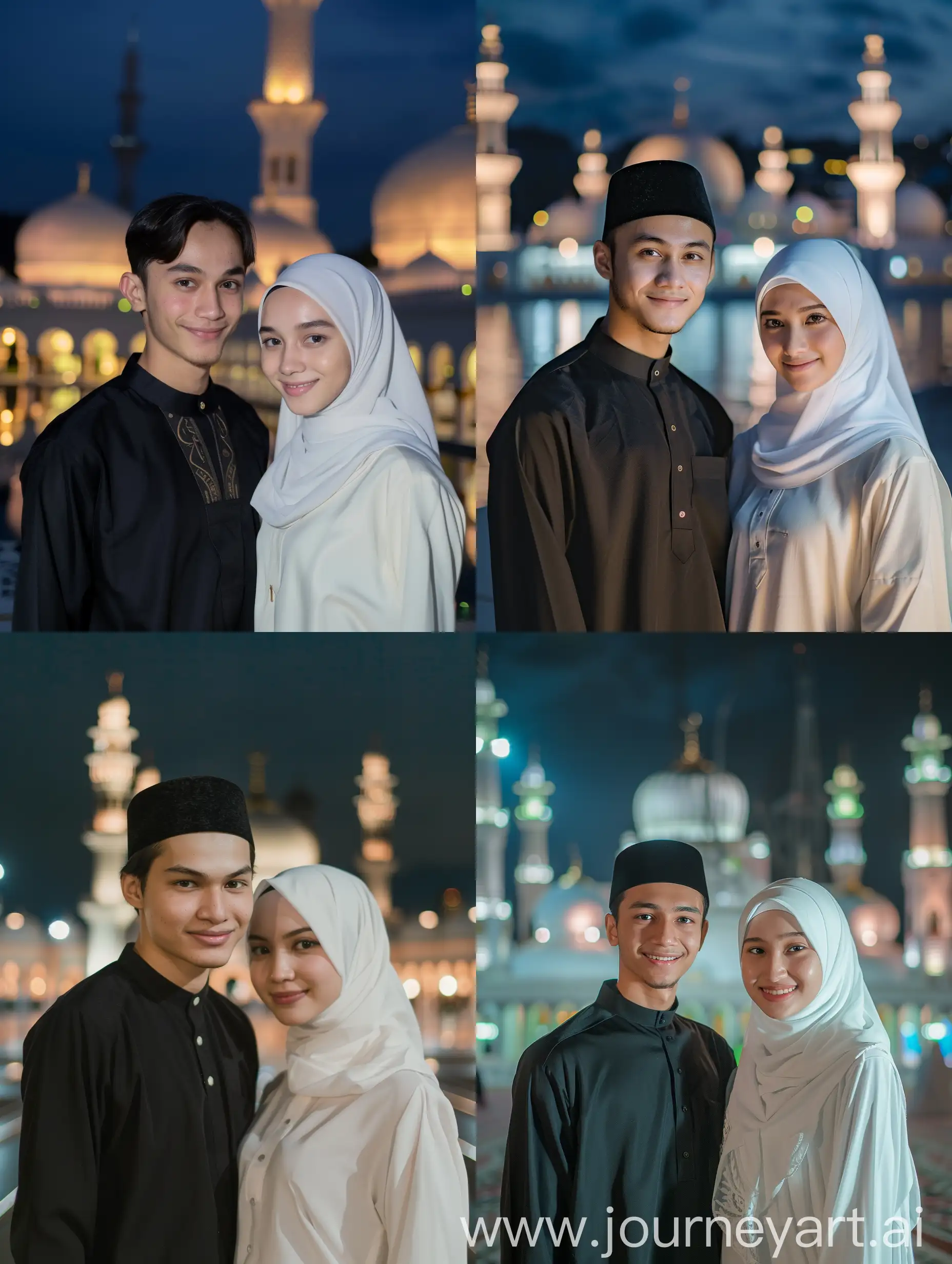 Indonesian-Muslim-Couple-Smiling-at-Beautiful-Mosque-at-Night