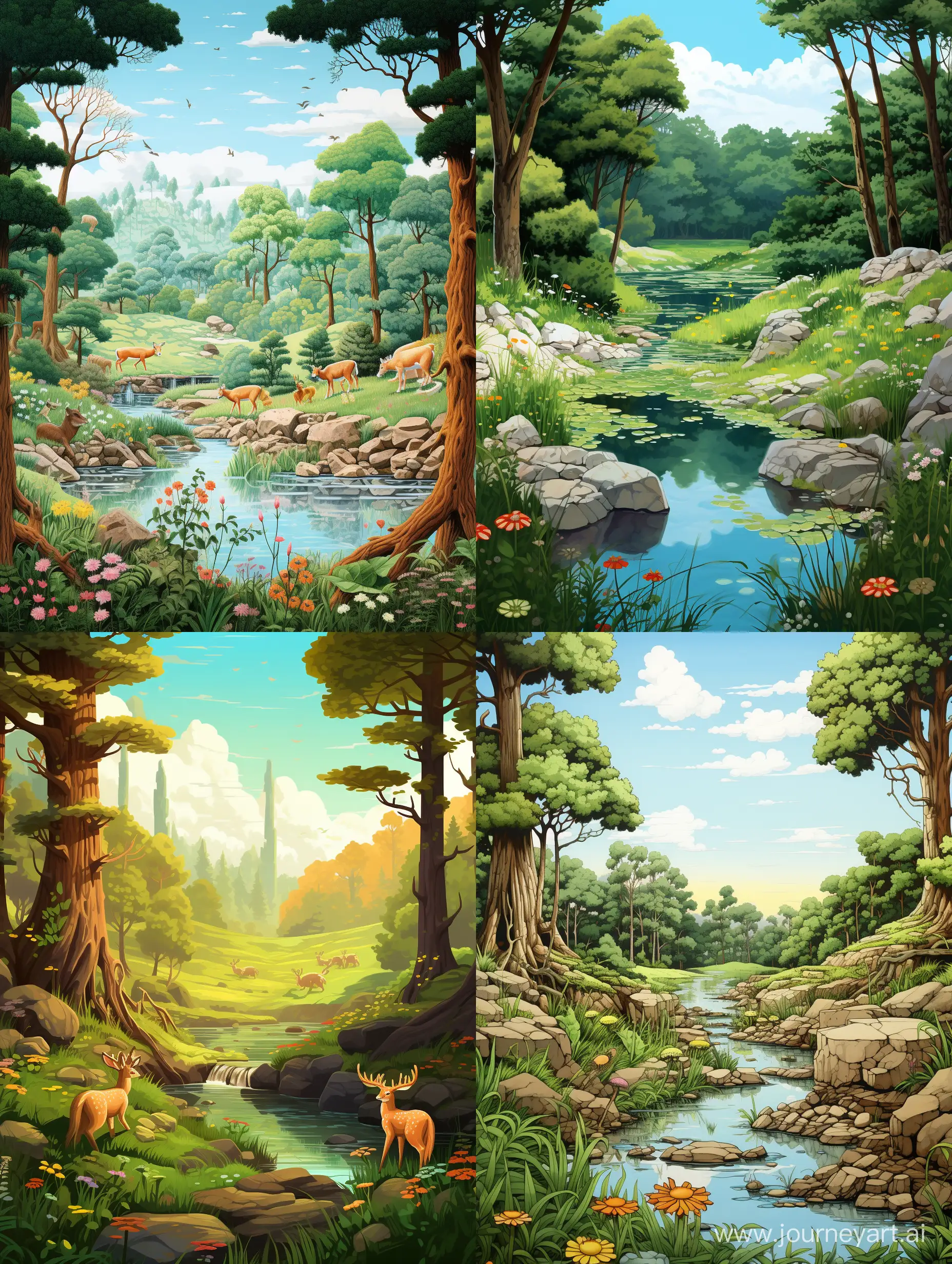 Enchanting-Forest-Wilderness-with-Cartoon-Trees-and-Small-Animals-by-the-Pond