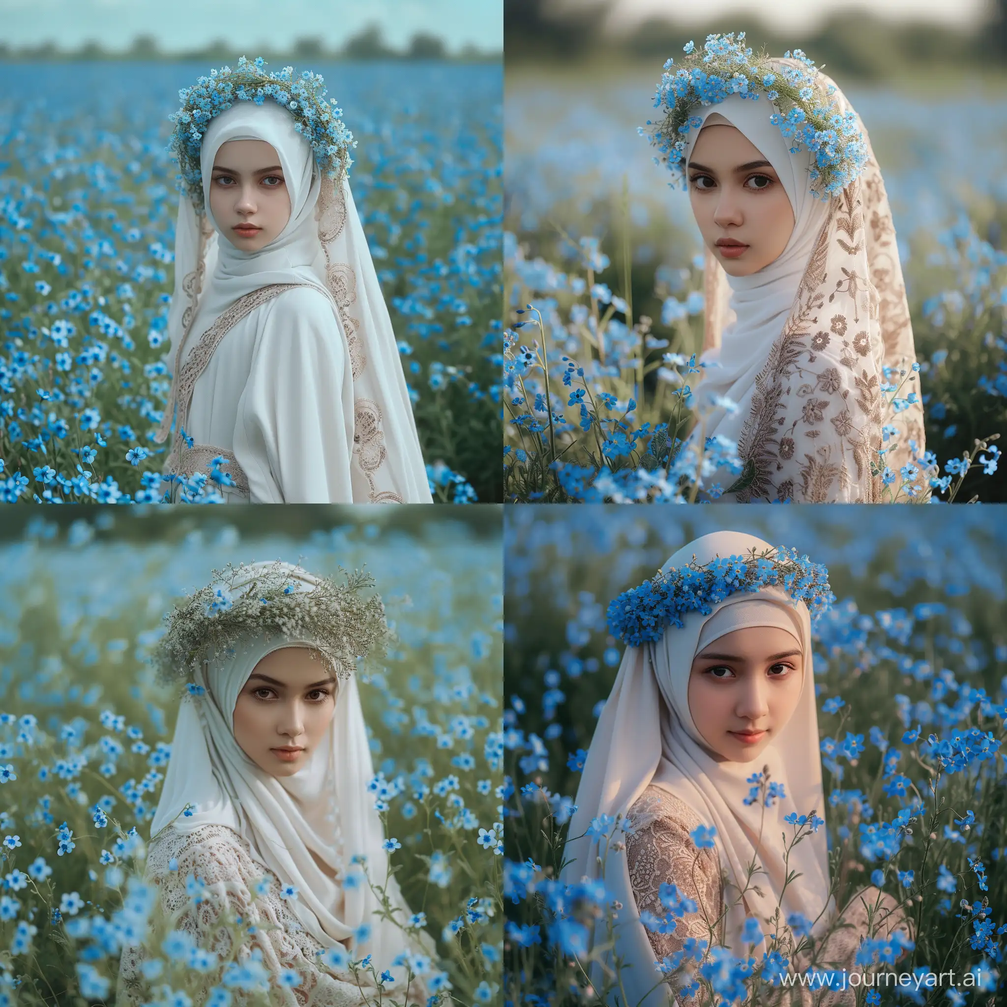 beautiful sundanese girl in a beautiful white hijab dress with a wreath of forget-me-nots on her head in a auntum beautiful field of forget-me-nots ,art, cinematic, Sony A7, 4k, --v 6 --style raw --s 250