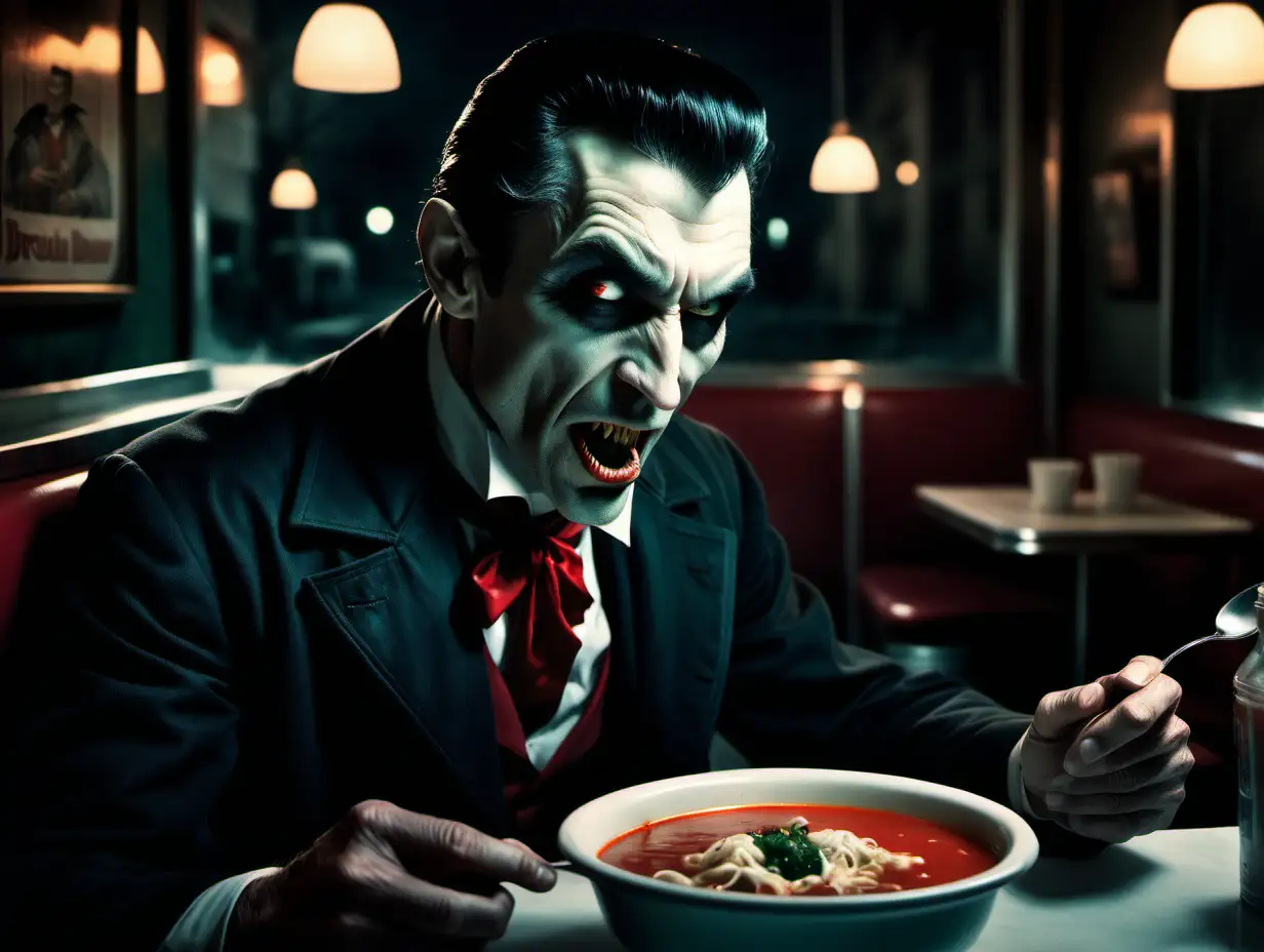 Dracula man eating soup in a downtown diner in style of realism by frank frazetta and annie leibovitz, emotive and moody and muted, dark background