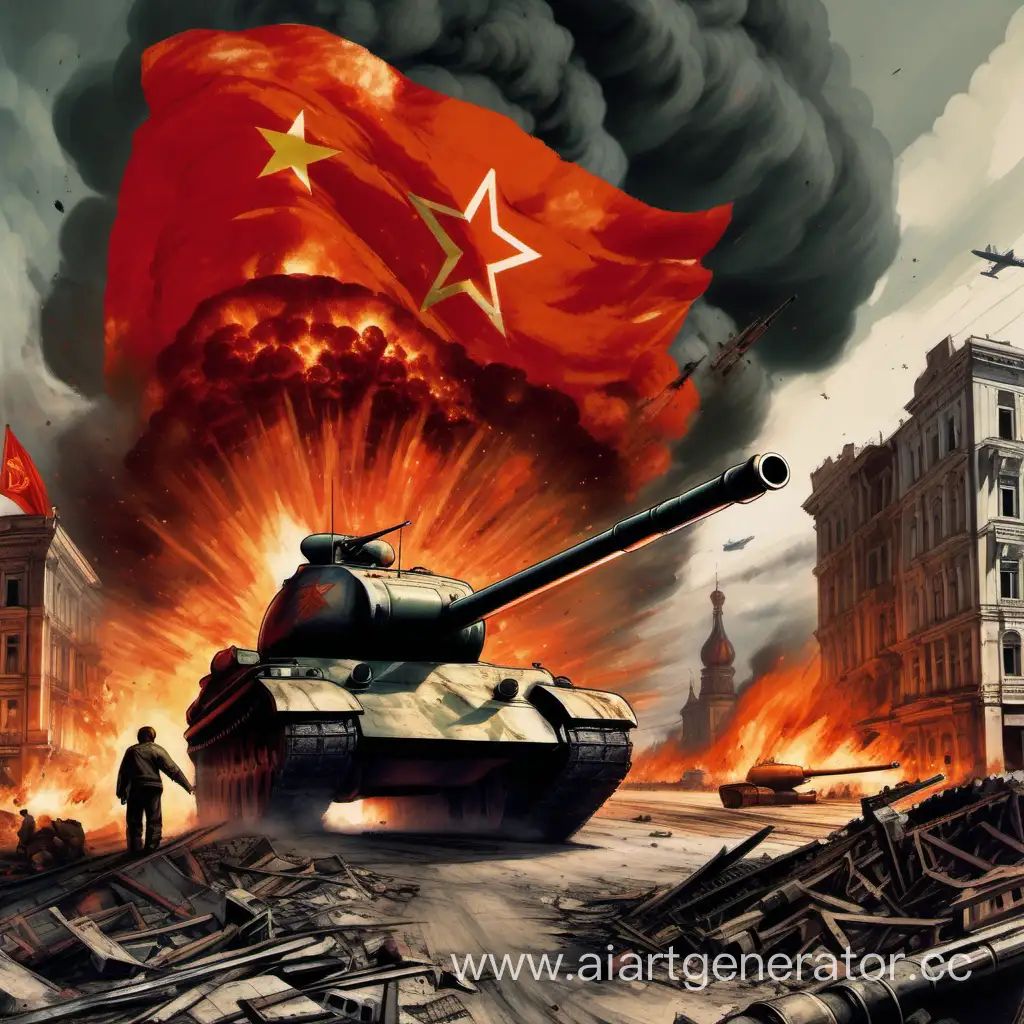 Советский танк, едет по полуразрушенному городу, сзади огонь и огромный взрыв, слева летит советский самолёт, на переднем плане около танка стоит человек держащий в руках красный флаг