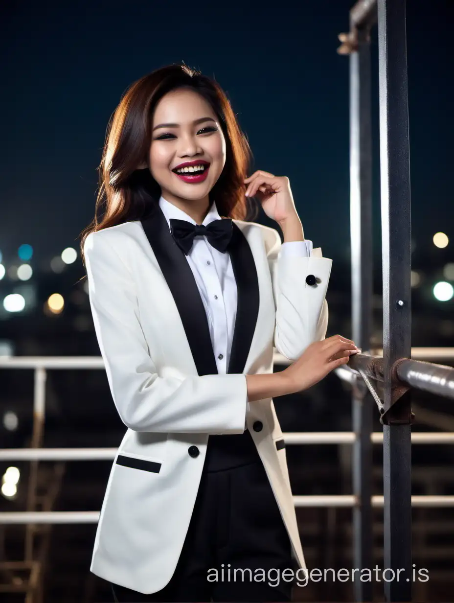 A stunning and cute and sophisticated and confident Indonesian woman with shoulder length hair and lipstick wearing a white tuxedo with a white shirt with cufflinks and a (black bow tie) and (black pants), standing on a scaffold facing forward, laughing and smiling.  She is relaxed. It is night.