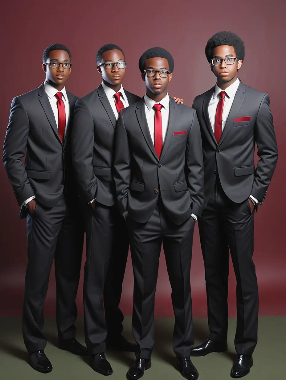 Generate a image of four nerdy black members of Beta Gamma Beta fraternity in suits.