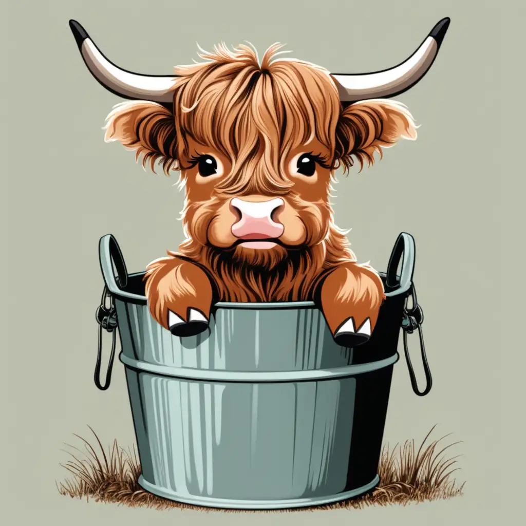 Adorable Baby Highland Cow in a Rustic Country Bucket
