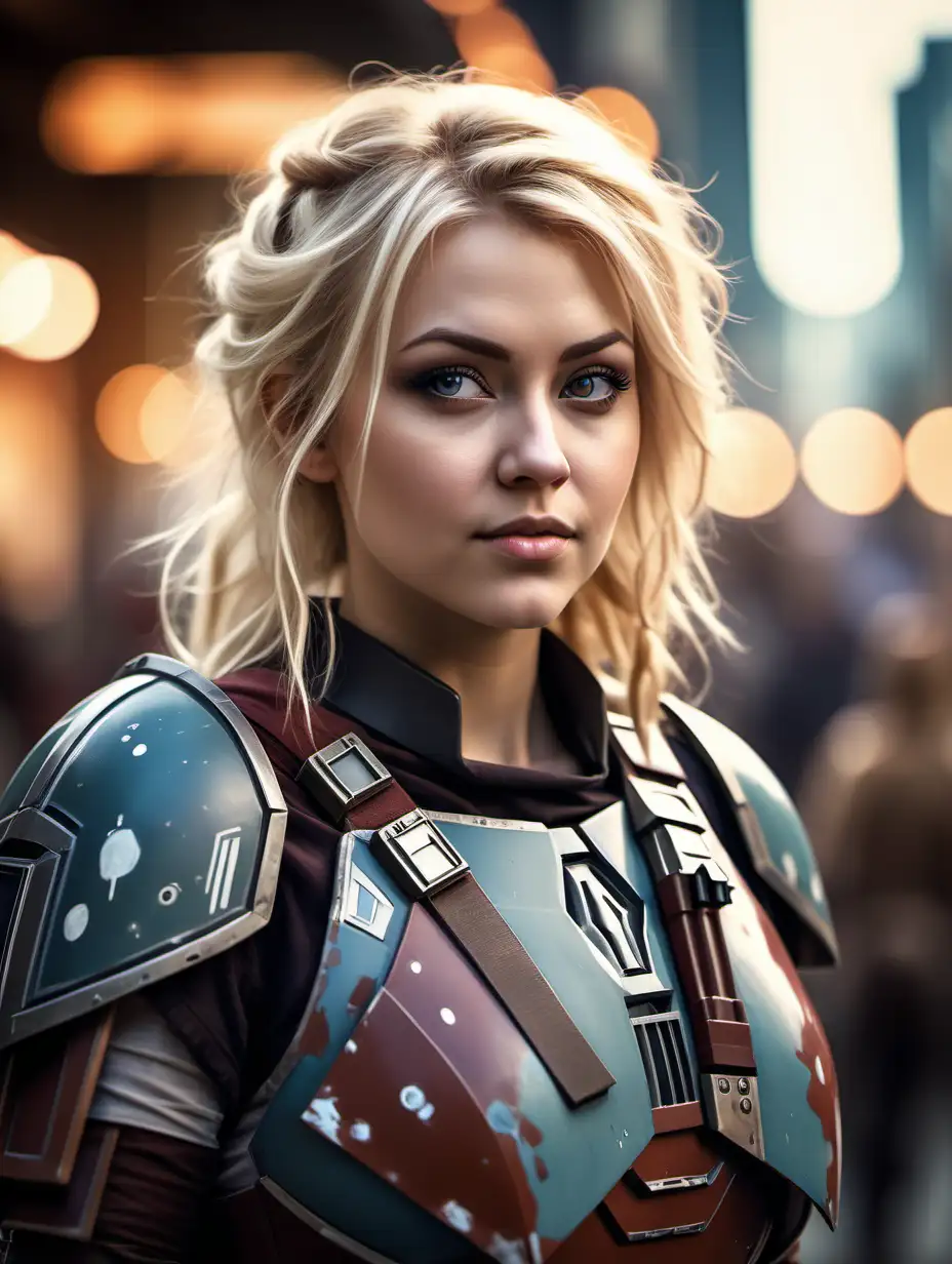 Beautiful Nordic woman, very attractive face, detailed eyes, big breasts, slim body, messy blonde hair, wearing a mandalorian cosplay outfit , close up, bokeh background, soft light on face, rim lighting, facing away from camera, looking back over her shoulder, standing in front of Coruscant, Illustration, very high detail, extra wide photo, full body photo, aerial photo
