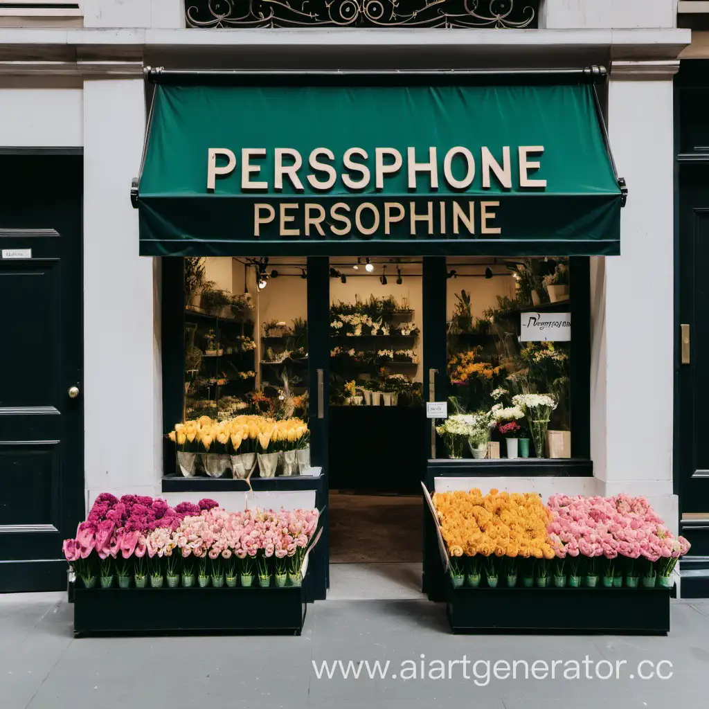 A flower shop in the city with a sign called Persephone