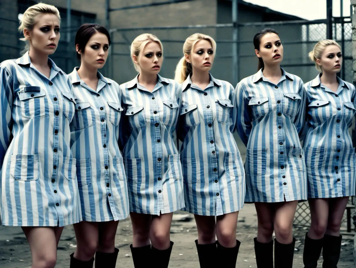 group of busty prisoner women (25 years old) stand lined up in a prisonyard (ready for inspection) in worn dirty blue-white vertical wide-striped longsleeve midi-length buttoned prisonerdress (a big printed "478" label on chest pocket, brunetteBlonde short low pony hair, sad and ashamed) head down