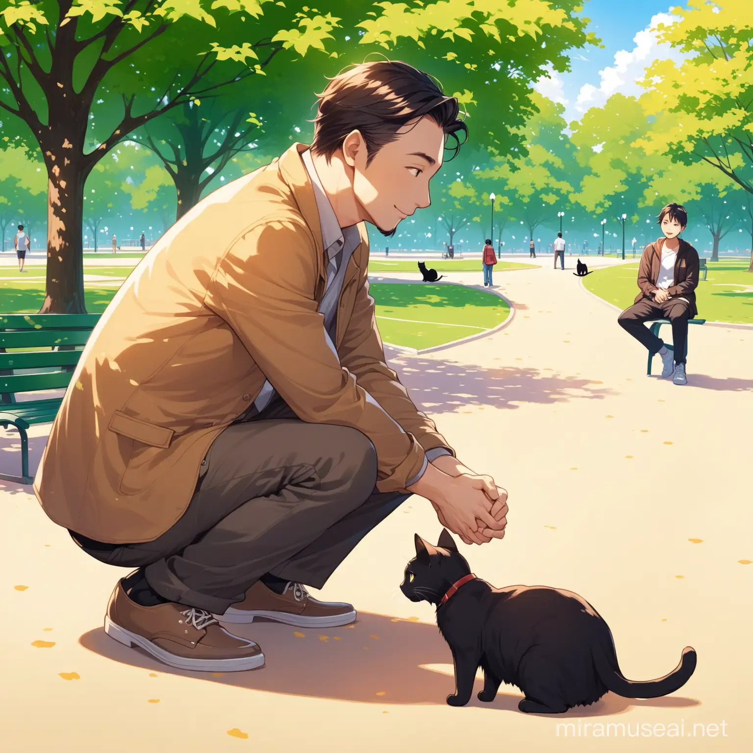 Man Meeting a Curious Cat at the Park