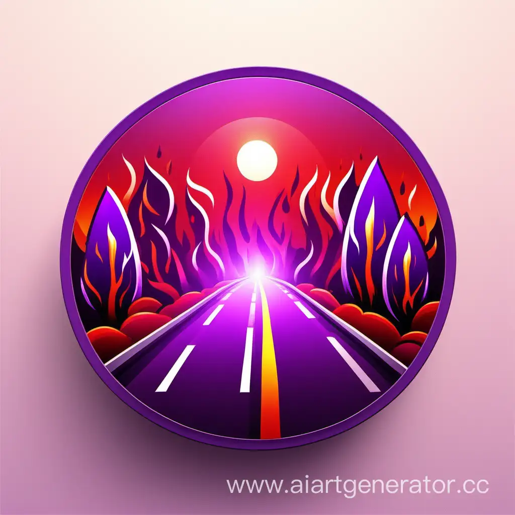 Circle icon with purple and red fire with road