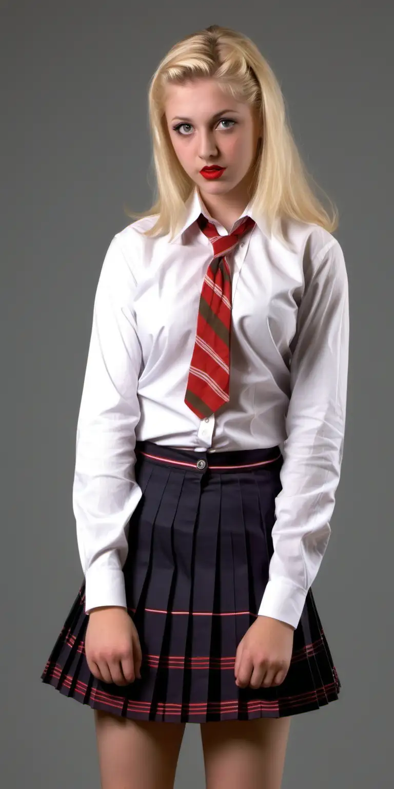 Blonde School Girl in Pleated Skirt and Open Blouse with Red Streaks