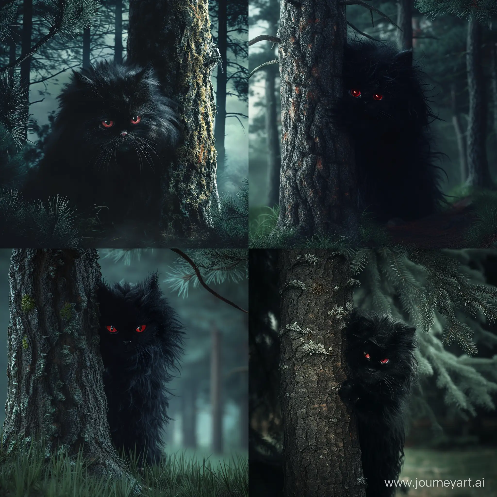 Страшный кот монстр с чëрной густой шерстью и красными глазами прячется за деревом в тëмном и густом еловом лесу