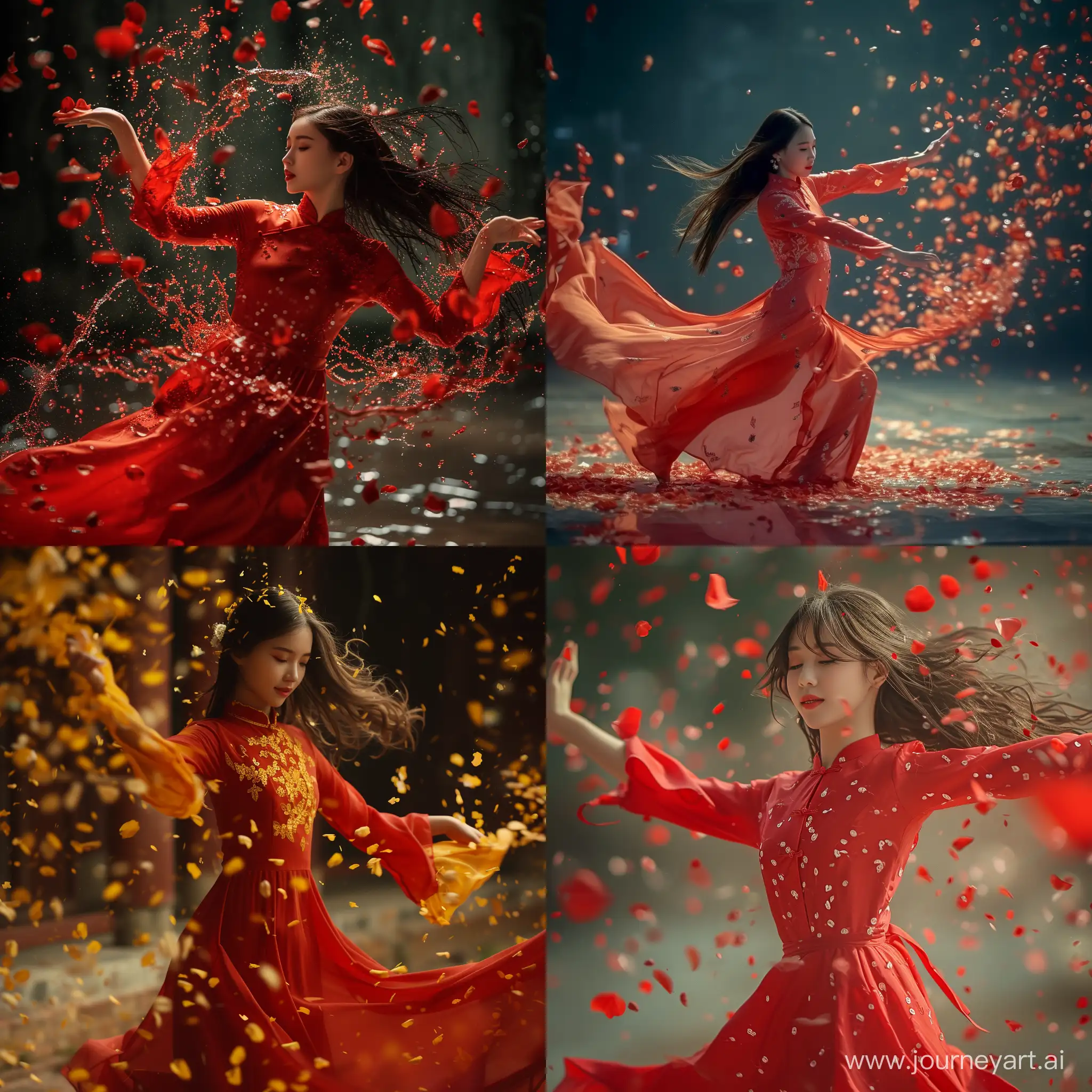 a beautiful girl petals   dancing, she wear the Ao dai of Viet Nam, splash, realistic, HDR, details