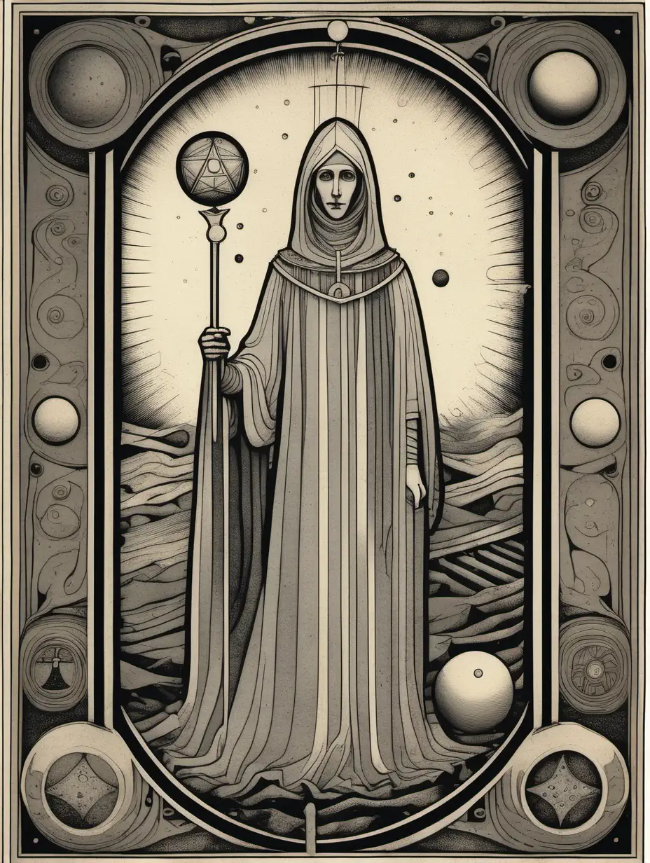 a tarot card, in the style of subtle surrealism, monochrome geometry, early medieval art