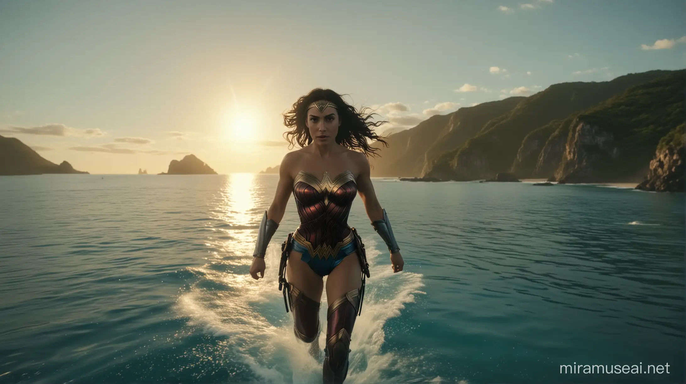 photo of wonderwoman flying on a backpack body-worn flight speedster, speeding towards an island with blue crystal water. cinematic sunset. 8K
