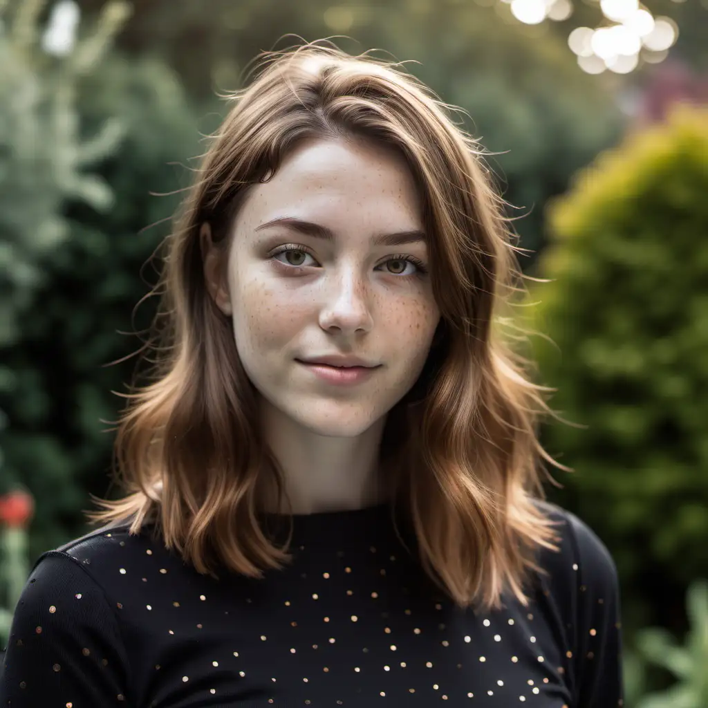A reflective young woman with brown hair transitioning to lighter tips. She has light freckles, hazel eyes, She's in a fitted black long-sleeve top and poses casually. She is holding the camera the photo is taken from. The setting is outdoors with a blurred in a garden and gentle lighting .