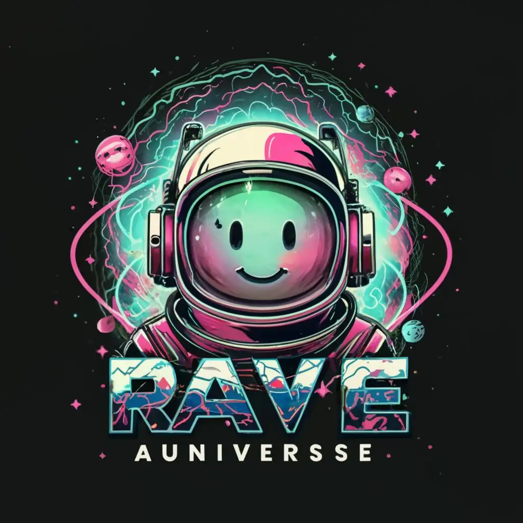 logo, logo, smiley happy face inside real helmet, ASTRONAUT NEBULA Andromeda, real, text futuristic VORTEX space  font, realistic, with the text "RAVE UNIVERSE", typography, be used in RAVE industry, with the text "RAVE UNIVERSE", typography, be used in Entertainment industry