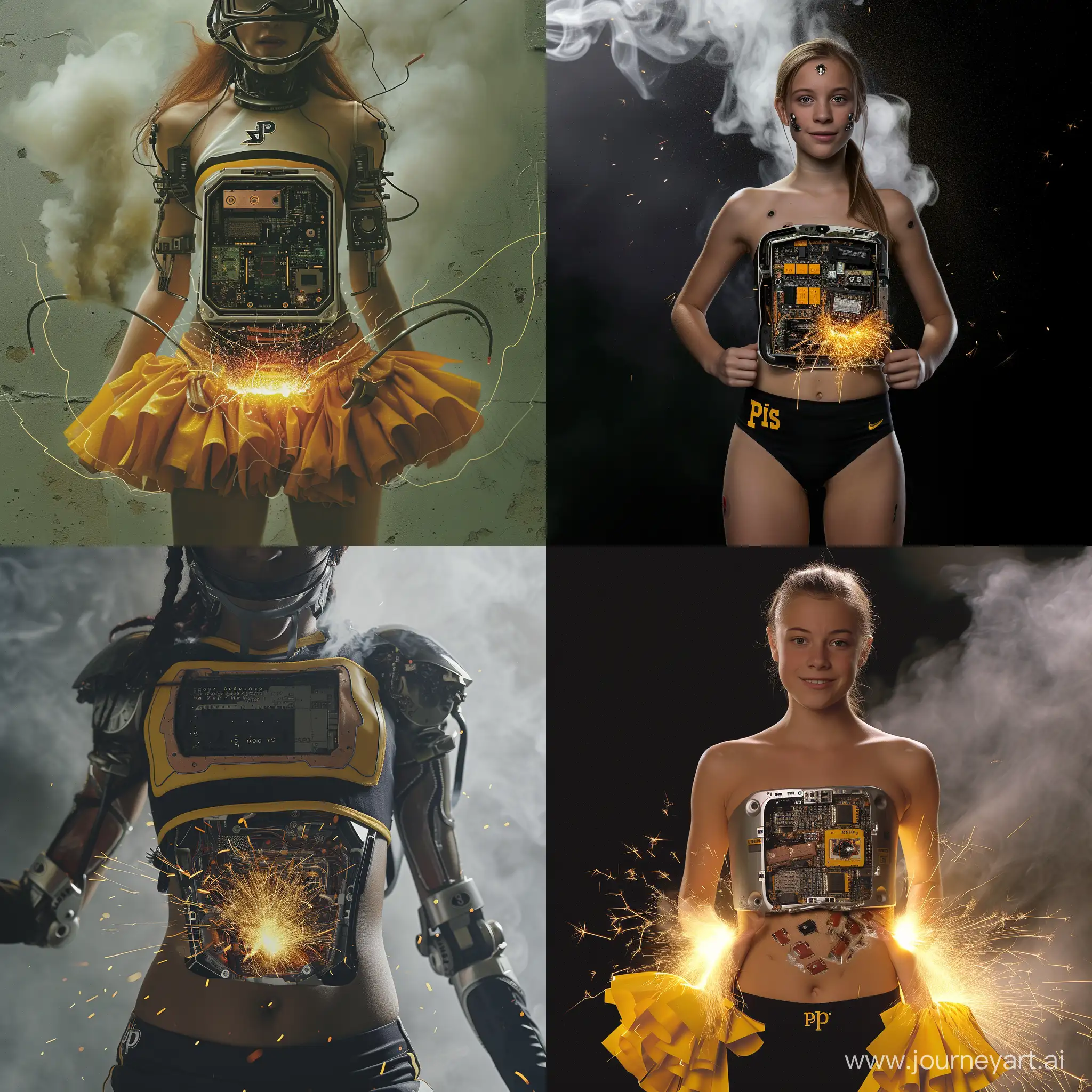 Pittsburgh Pirates 13-14 year old cheerleader, turns out to be a robot, malfunctioning, panel open on her stomach revealing her inner circuits, smoke and sparks coming out of her