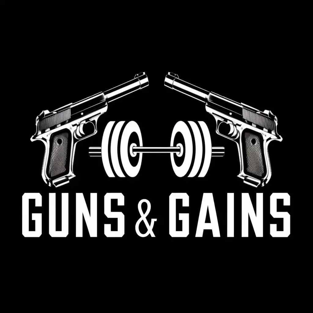logo, 2 walther pistols facing each other, 1 barbell underneath, with the text "GUNS & GAINS", typography, be used in Sports Fitness industry
