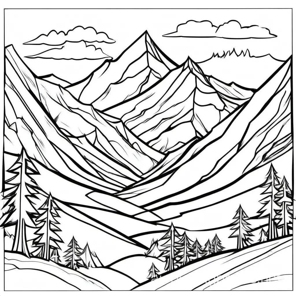 mountains camp, Coloring Page, black and white, line art, white background, Simplicity, Ample White Space. The background of the coloring page is plain white to make it easy for young children to color within the lines. The outlines of all the subjects are easy to distinguish, making it simple for kids to color without too much difficulty, Coloring Page, black and white, line art, white background, Simplicity, Ample White Space. The background of the coloring page is plain white to make it easy for young children to color within the lines. The outlines of all the subjects are easy to distinguish, making it simple for kids to color without too much difficulty