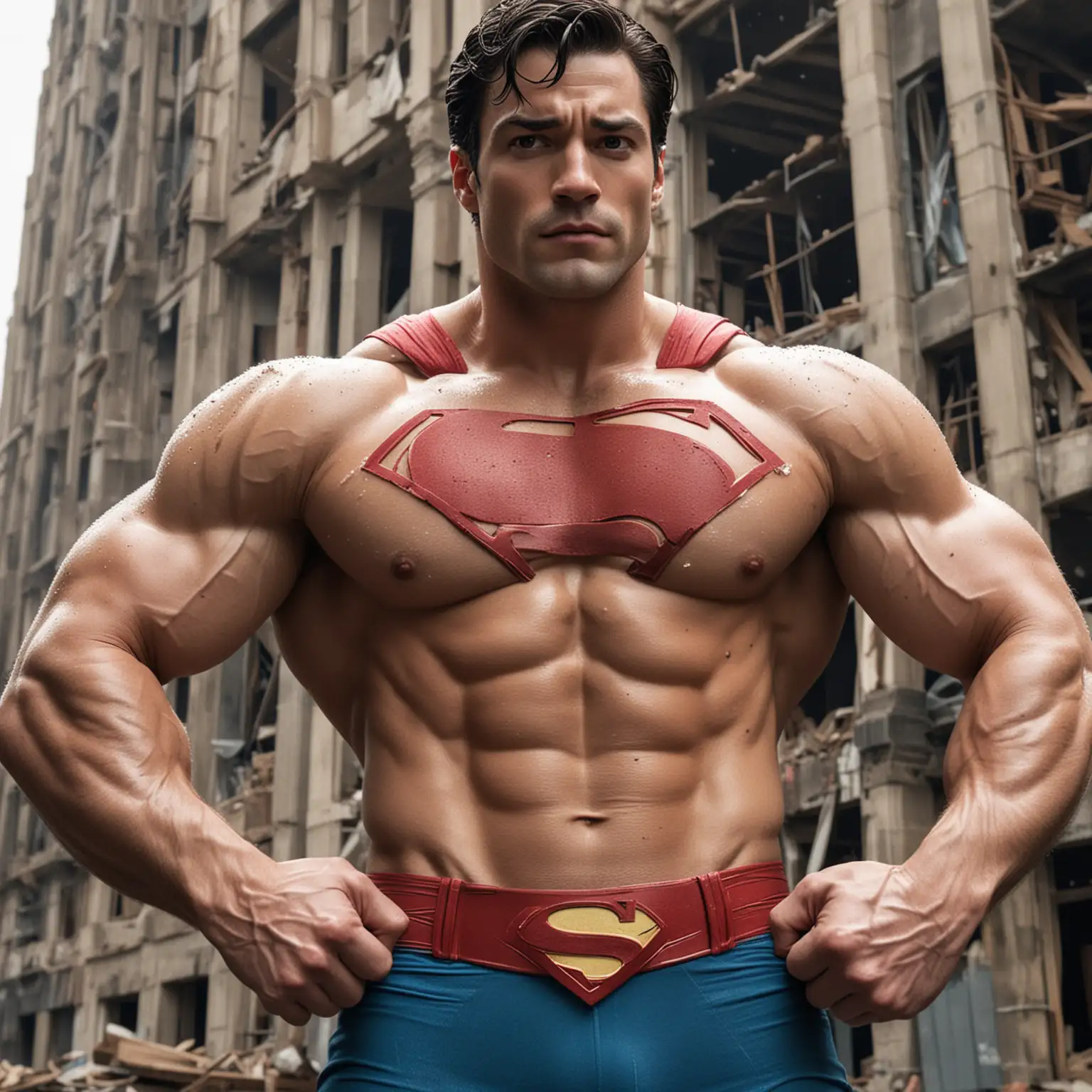 Very large bare chested  superman with huge biceps and six pack abs holding up a building from collapsing
