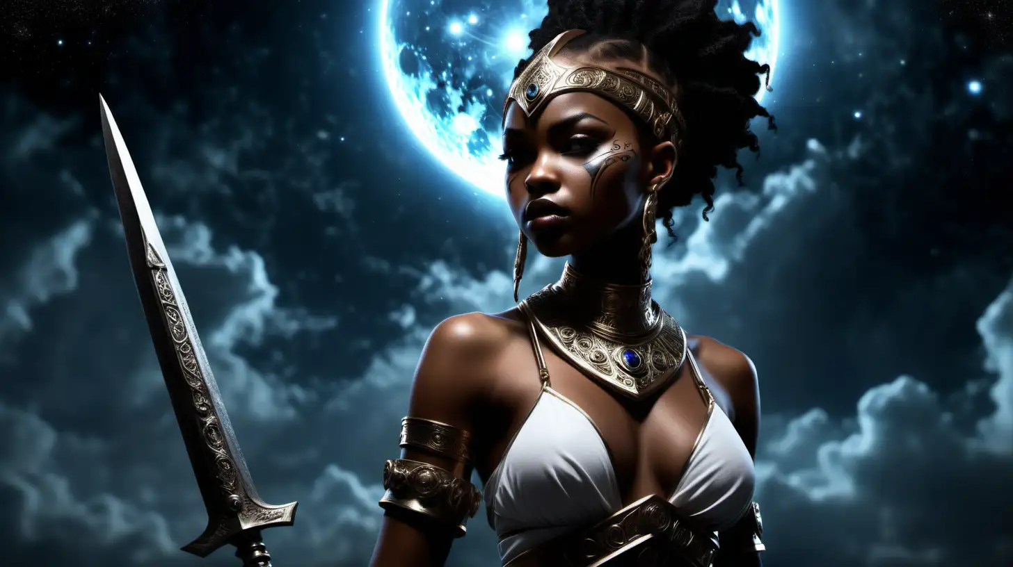 Seraphina a young beautiful African American becoming a warrior look and see Shadows creeping over celestial bodies, a sinister force awakening in the void, which she will be fight in the future
