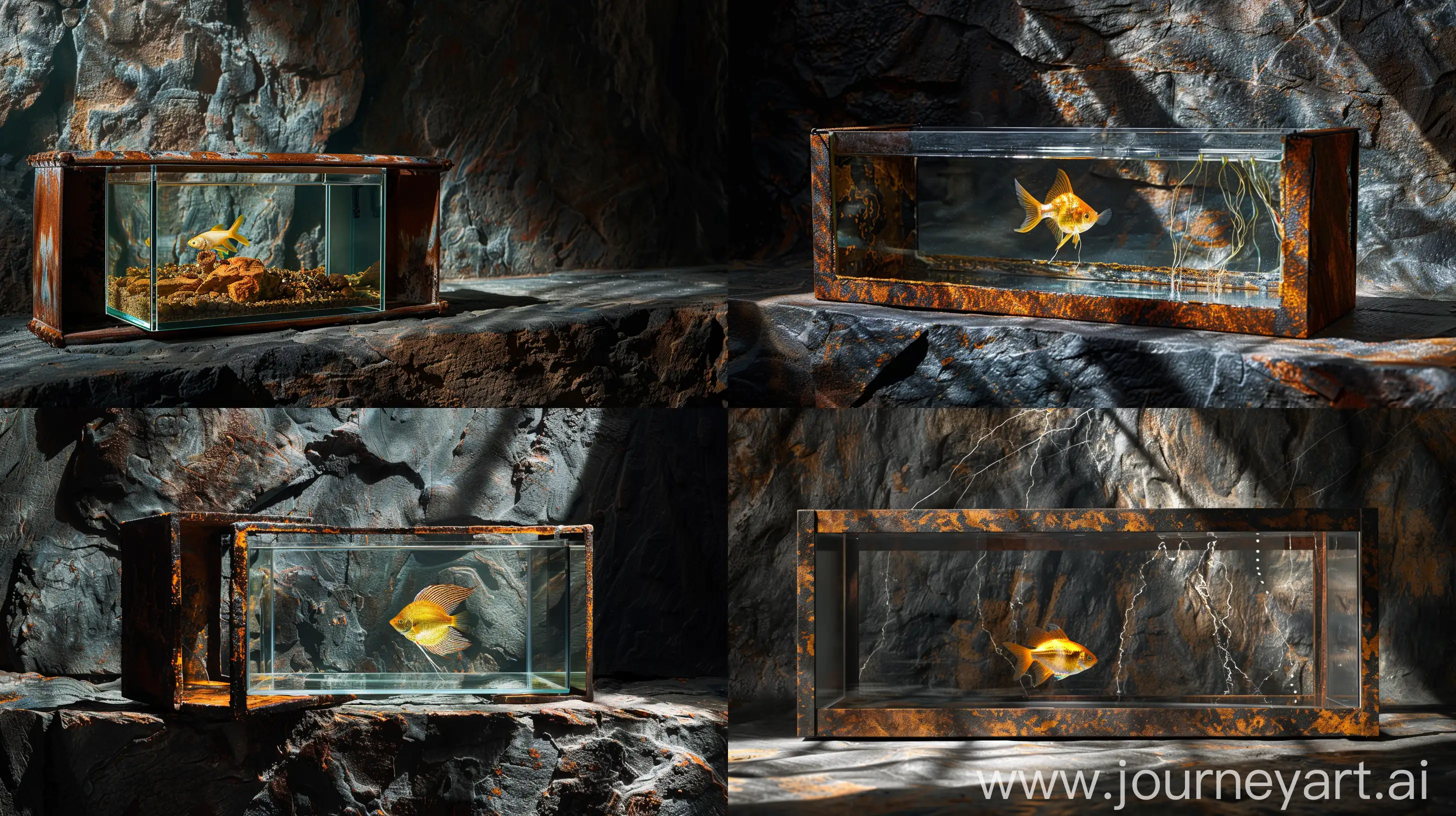product photography, a glass aquarium with metall edges and with a golden fish inside, the edges made of rusted metal, dark rough background, lightning and shadow from the window, captured by Hasselblad X1D --ar 16:9