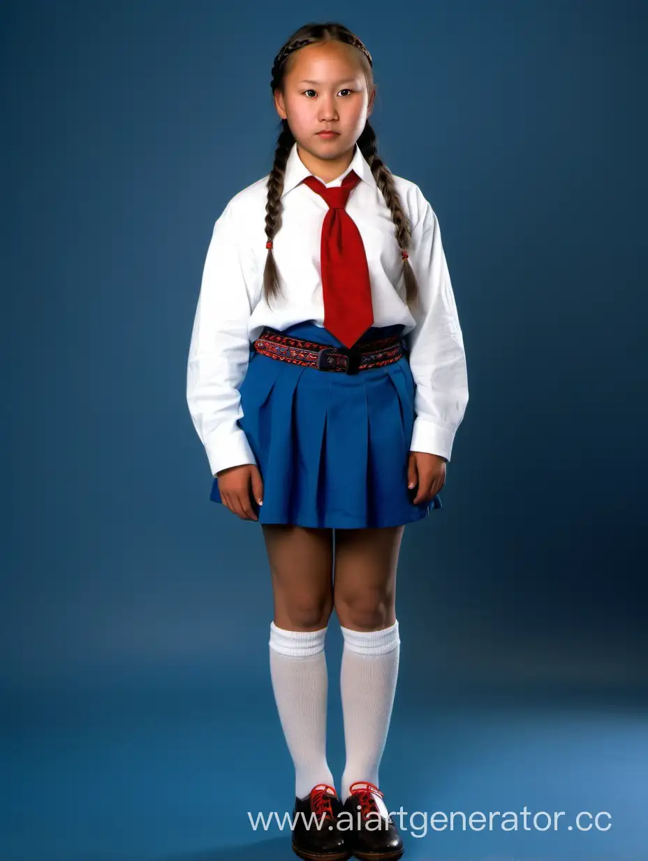 Девушка чукча в белой рубашке с длинным рукавом, синей мини-юбке с ремнём, чёрных туфлях, коротких белых носках и красном завязанном галстуке на шее с косичками и голыми ногами, полный рост